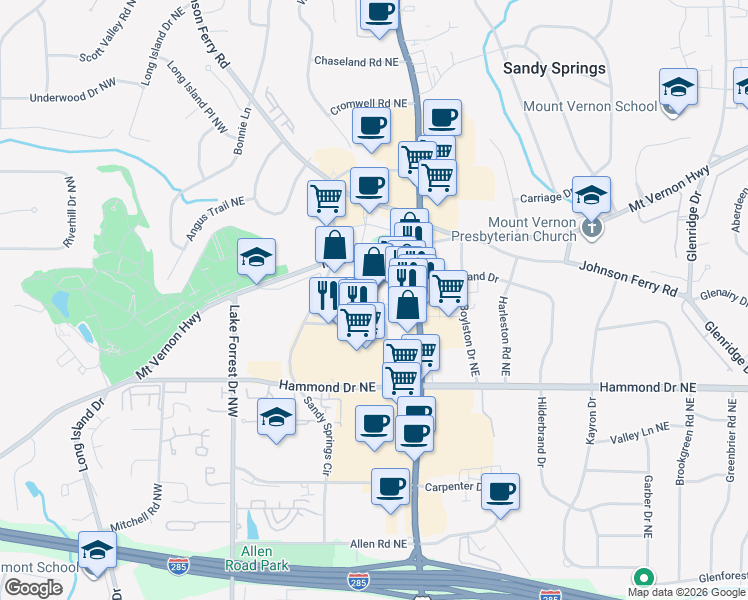 map of restaurants, bars, coffee shops, grocery stores, and more near 215 Hilderbrand Drive in Atlanta