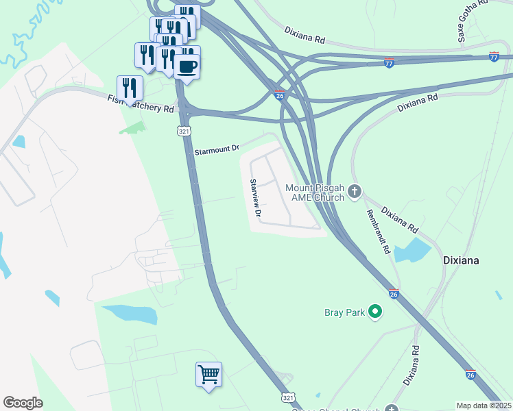 map of restaurants, bars, coffee shops, grocery stores, and more near 1001 Starview Drive in West Columbia