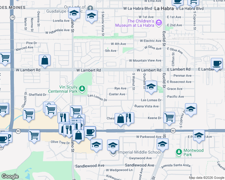 map of restaurants, bars, coffee shops, grocery stores, and more near 731 Rye Avenue in La Habra