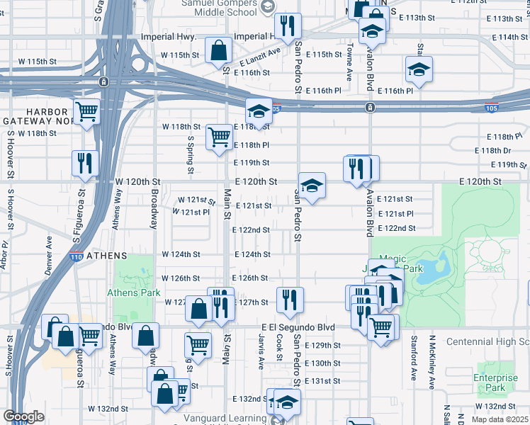 map of restaurants, bars, coffee shops, grocery stores, and more near 204 East 121st Street in Los Angeles