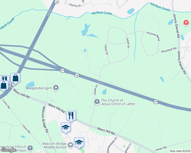 map of restaurants, bars, coffee shops, grocery stores, and more near 1241 Julian Drive in Watkinsville