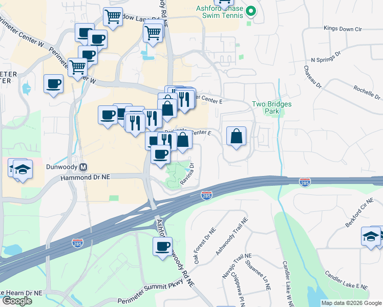 map of restaurants, bars, coffee shops, grocery stores, and more near 1 Ravinia Drive in Atlanta