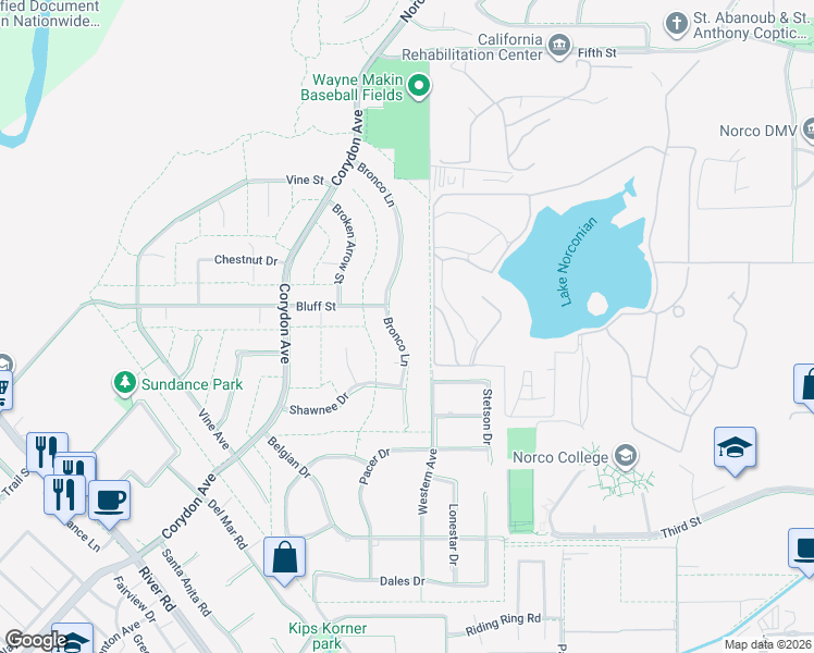 map of restaurants, bars, coffee shops, grocery stores, and more near 2737 Bronco Lane in Norco