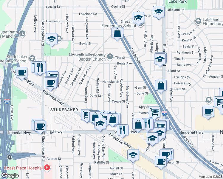 map of restaurants, bars, coffee shops, grocery stores, and more near in Norwalk