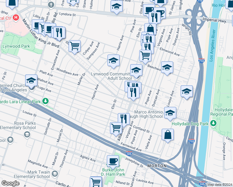 map of restaurants, bars, coffee shops, grocery stores, and more near 4275 Martin Luther King Junior Boulevard in Lynwood