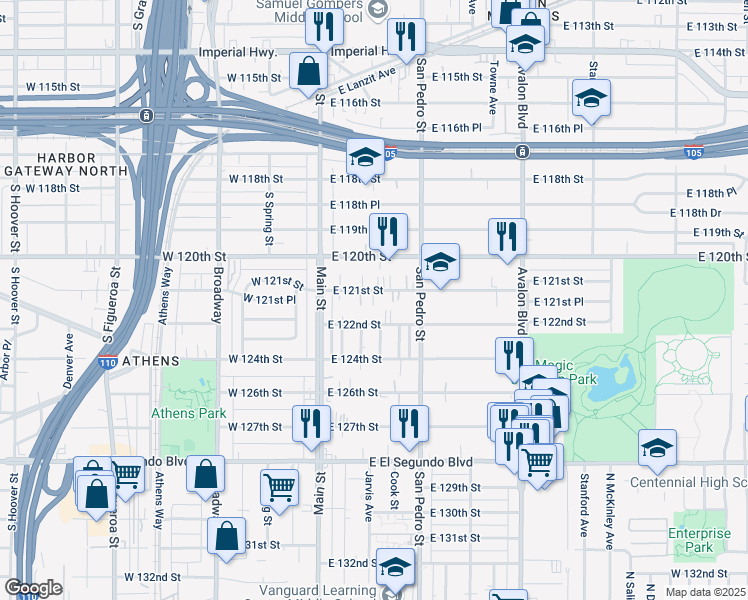 map of restaurants, bars, coffee shops, grocery stores, and more near 202 East 121st Street in Los Angeles