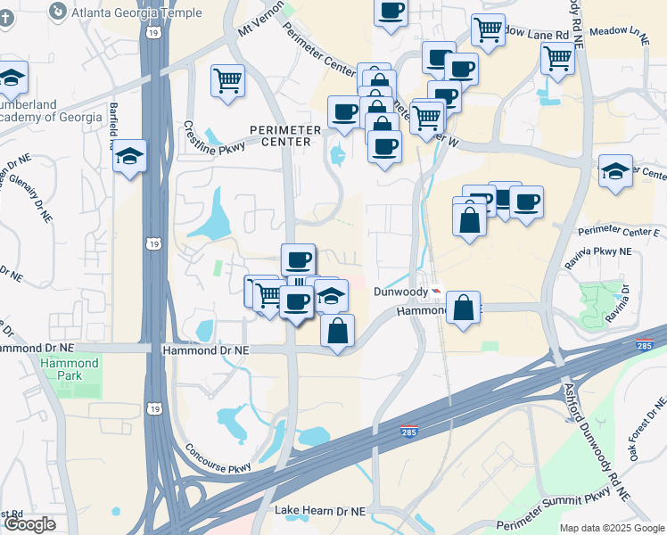 map of restaurants, bars, coffee shops, grocery stores, and more near 701 Dunwoody Chace in Atlanta