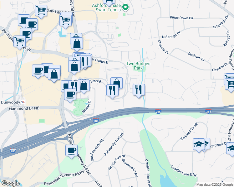 map of restaurants, bars, coffee shops, grocery stores, and more near 53 Perimeter Center East in Atlanta