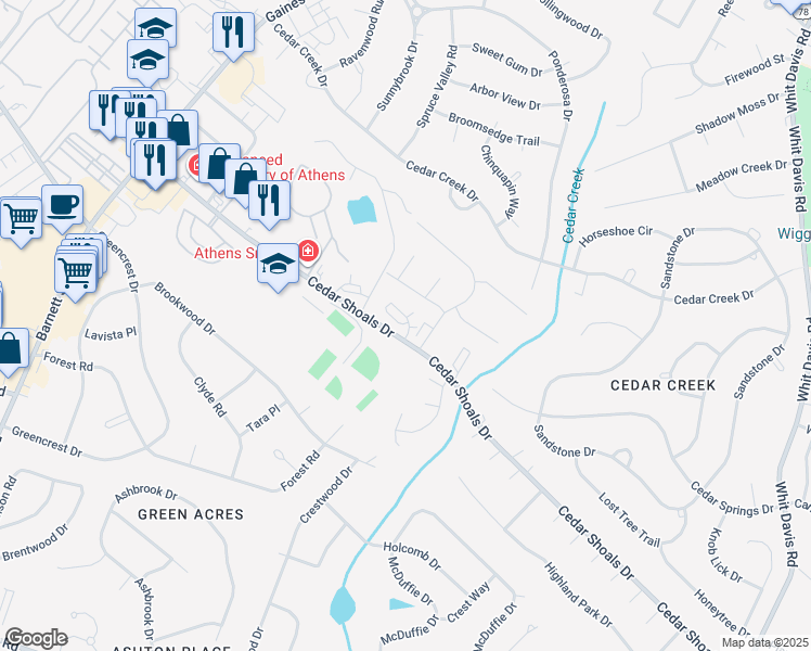 map of restaurants, bars, coffee shops, grocery stores, and more near 1325 Cedar Shoals Drive in Athens