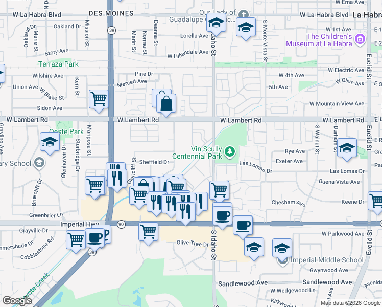 map of restaurants, bars, coffee shops, grocery stores, and more near 1490 West Lambert Road in La Habra