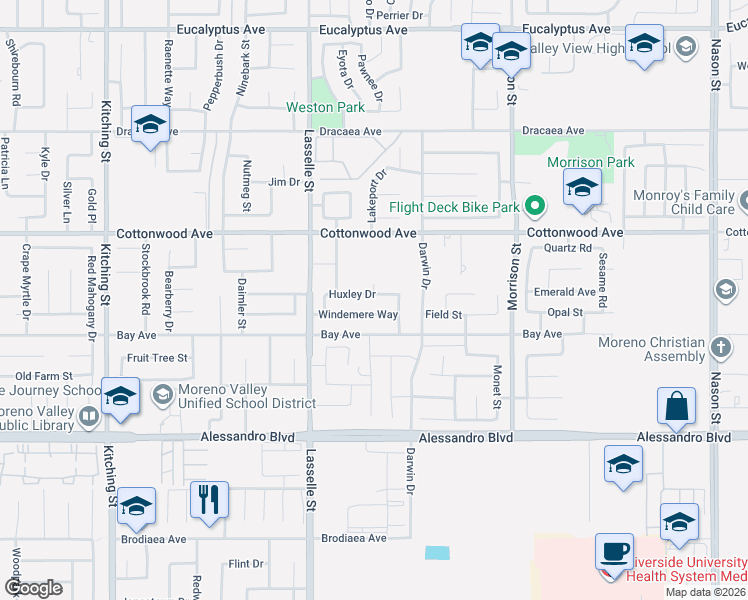 map of restaurants, bars, coffee shops, grocery stores, and more near 26196 Huxley Drive in Moreno Valley