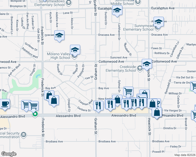 map of restaurants, bars, coffee shops, grocery stores, and more near 13643 New Haven Drive in Moreno Valley