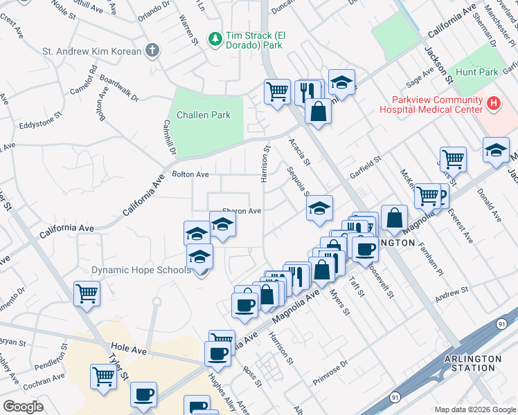 map of restaurants, bars, coffee shops, grocery stores, and more near 4080 Harrison Street in Riverside