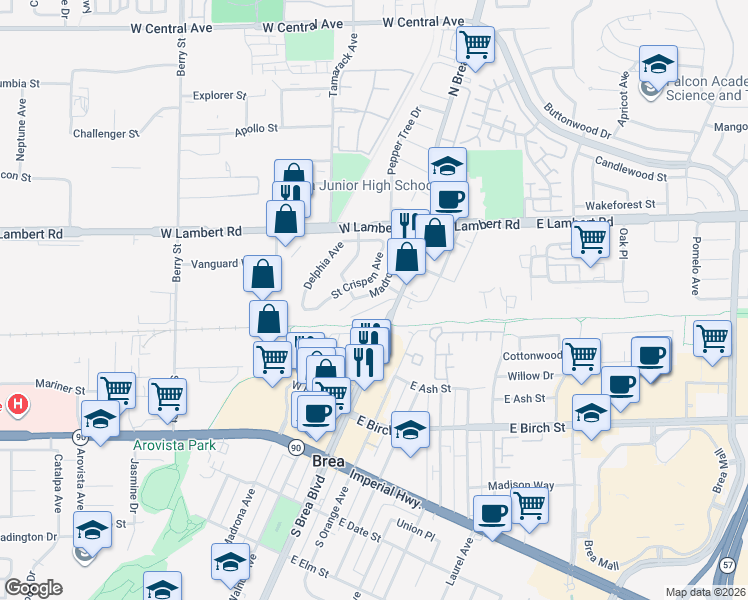 map of restaurants, bars, coffee shops, grocery stores, and more near 236 North Madrona Avenue in Brea