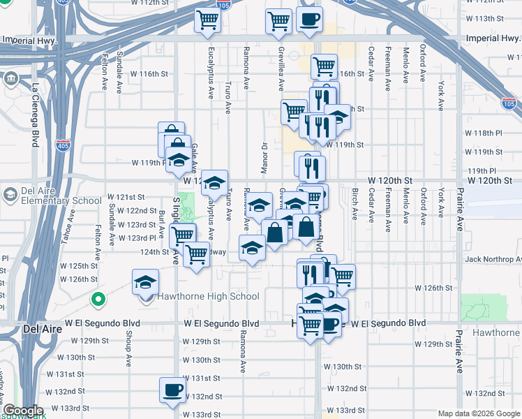map of restaurants, bars, coffee shops, grocery stores, and more near 12111 Manor Drive in Hawthorne