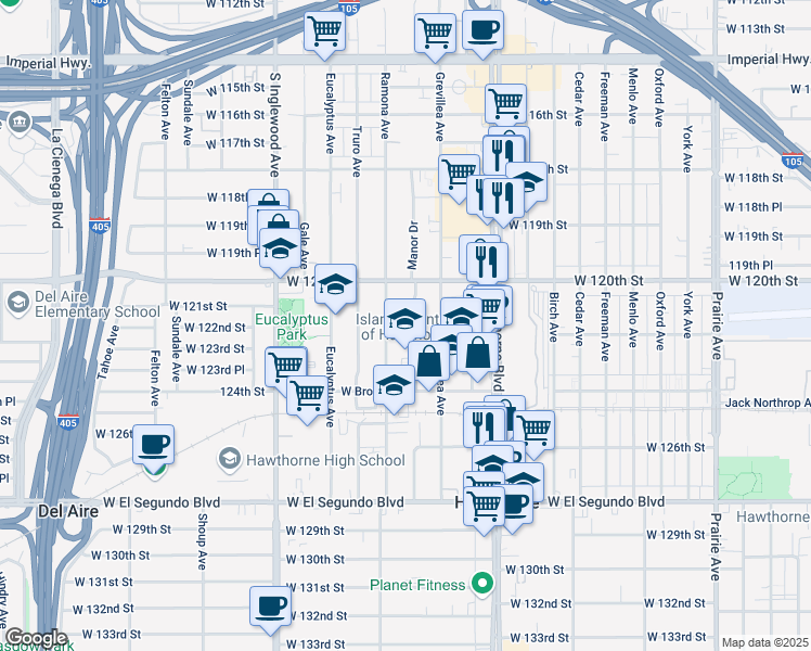 map of restaurants, bars, coffee shops, grocery stores, and more near 12111 Manor Drive in Hawthorne