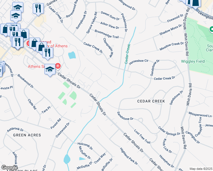 map of restaurants, bars, coffee shops, grocery stores, and more near 111 Oak Park Court in Athens