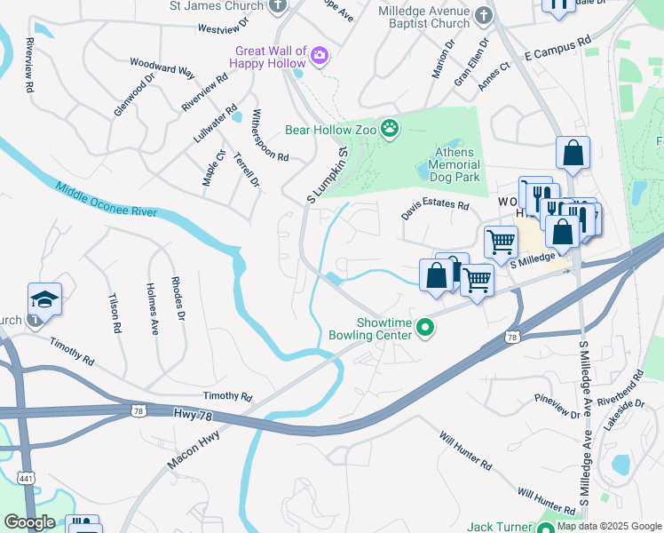 map of restaurants, bars, coffee shops, grocery stores, and more near 175 Eaglewood Way in Athens