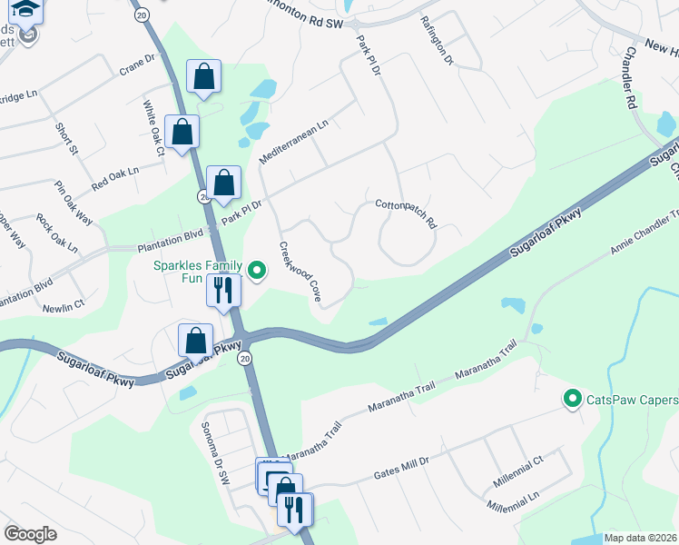 map of restaurants, bars, coffee shops, grocery stores, and more near 1360 Creekwood Cove in Lawrenceville
