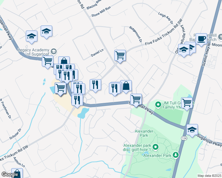 map of restaurants, bars, coffee shops, grocery stores, and more near 1266 Laurelwood Court in Lawrenceville