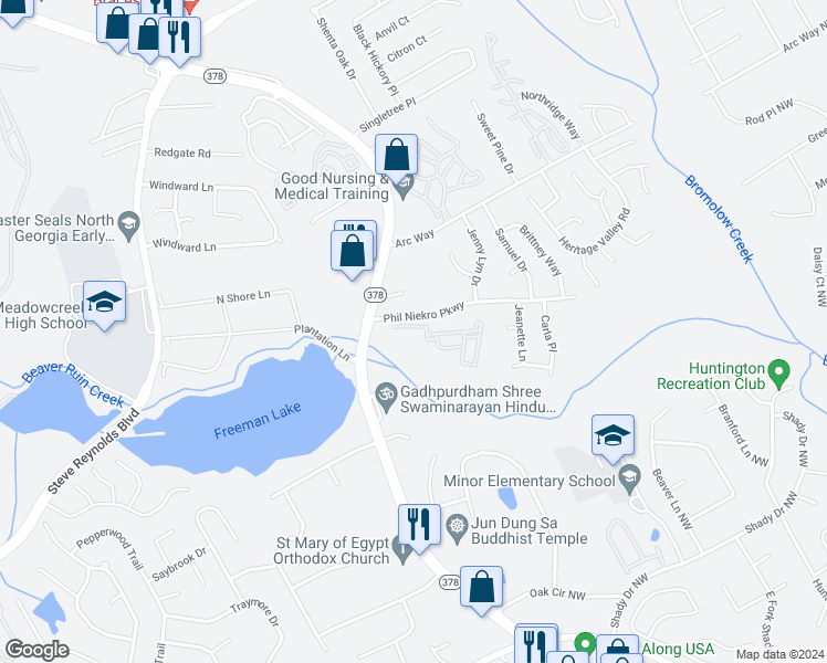 map of restaurants, bars, coffee shops, grocery stores, and more near 4192-4298 Phil Niekro Parkway in Norcross
