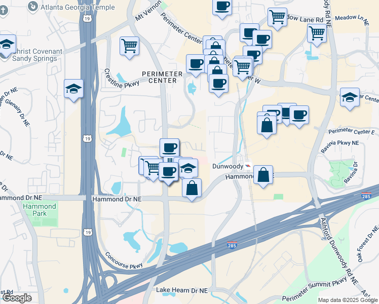 map of restaurants, bars, coffee shops, grocery stores, and more near 701 Dunwoody Chace in Atlanta