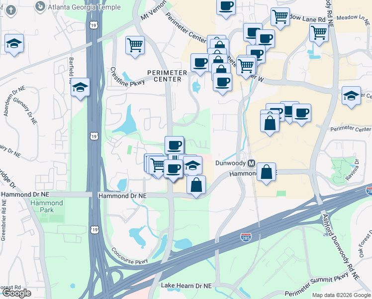 map of restaurants, bars, coffee shops, grocery stores, and more near 707 Dunwoody Chace in Atlanta