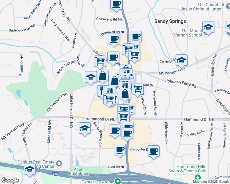 map of restaurants, bars, coffee shops, grocery stores, and more near 215 Hilderbrand Drive in Atlanta