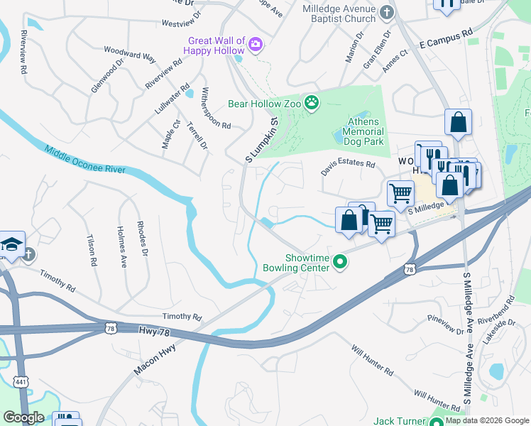 map of restaurants, bars, coffee shops, grocery stores, and more near 175 Eaglewood Way in Athens
