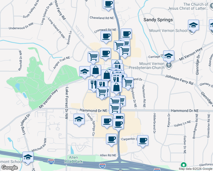 map of restaurants, bars, coffee shops, grocery stores, and more near 215 Hilderbrand Drive in Atlanta