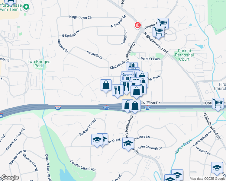 map of restaurants, bars, coffee shops, grocery stores, and more near 4355 Georgetown Square in Atlanta