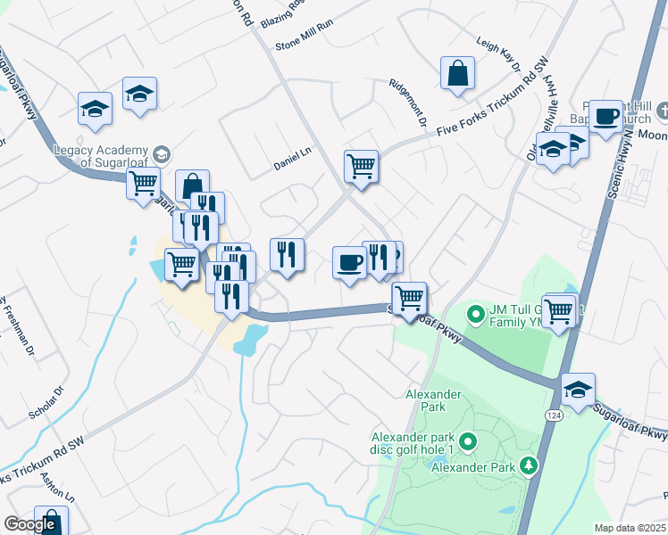 map of restaurants, bars, coffee shops, grocery stores, and more near 1266 Laurelwood Court in Lawrenceville