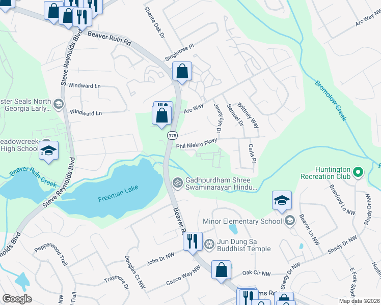 map of restaurants, bars, coffee shops, grocery stores, and more near 4192-4298 Phil Niekro Parkway in Norcross