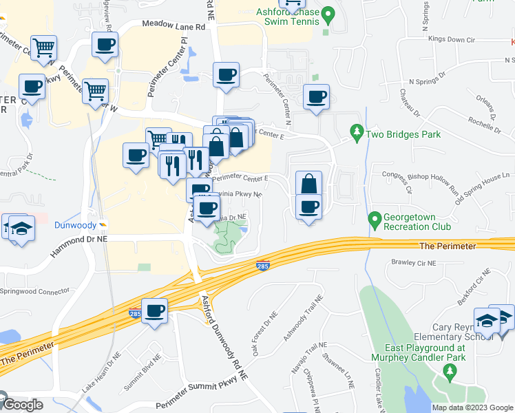 map of restaurants, bars, coffee shops, grocery stores, and more near 3 Ravinia Parkway Northeast in Dunwoody