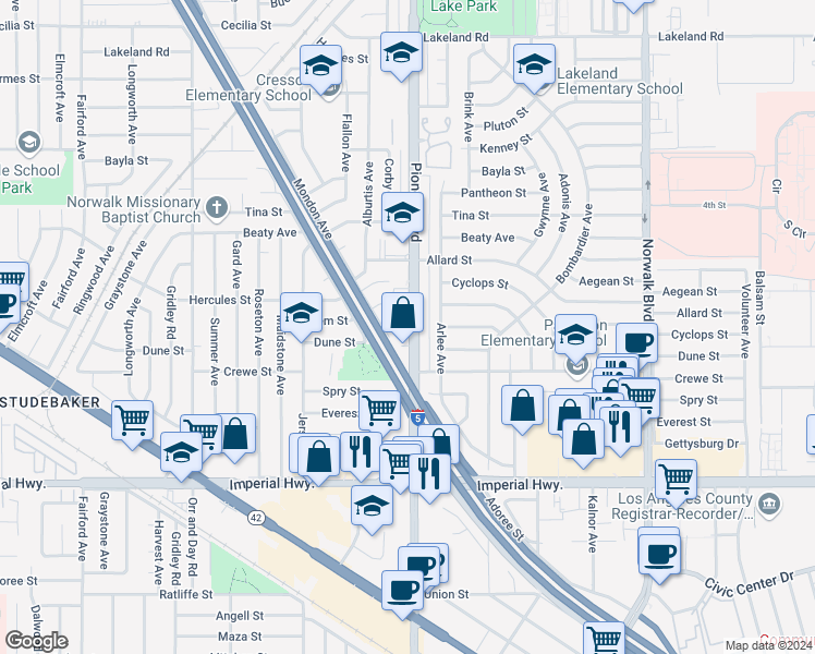 map of restaurants, bars, coffee shops, grocery stores, and more near 12009 Pioneer Boulevard in Norwalk