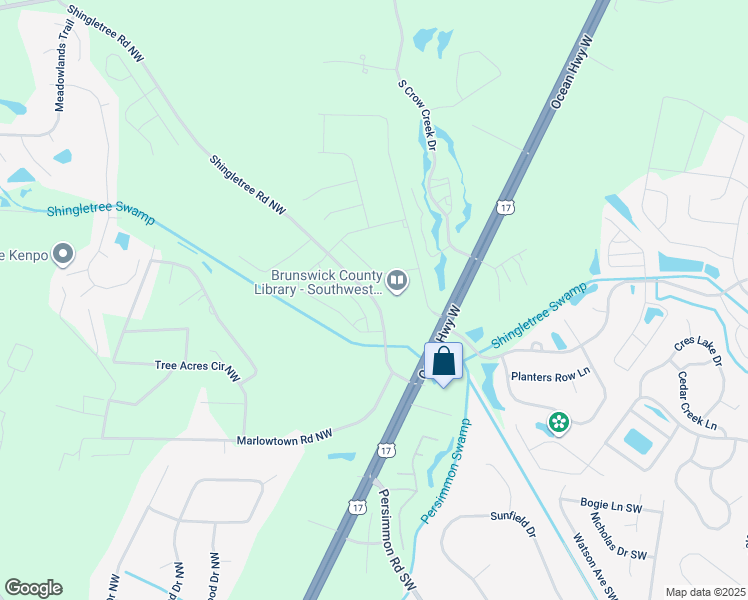 map of restaurants, bars, coffee shops, grocery stores, and more near 117 Shingletree Road Northwest in Calabash