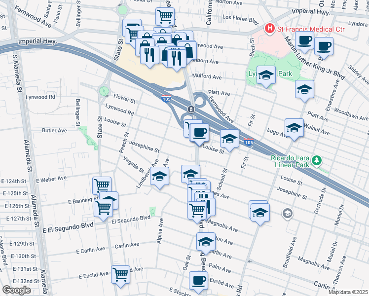 map of restaurants, bars, coffee shops, grocery stores, and more near 3358 Louise Street in Lynwood