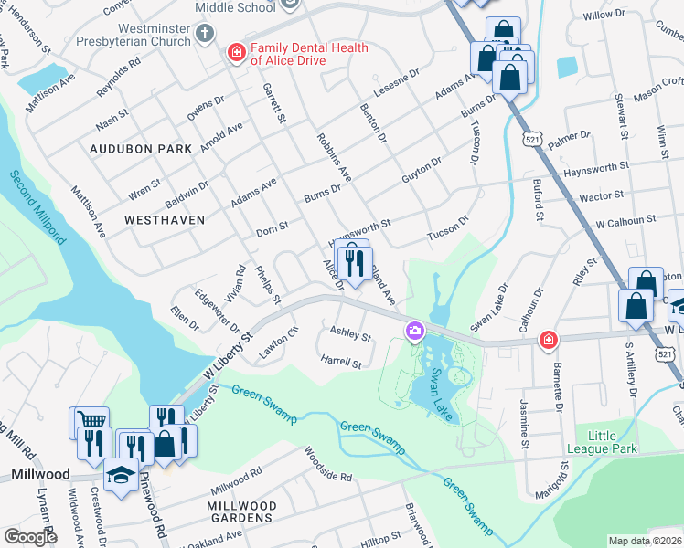 map of restaurants, bars, coffee shops, grocery stores, and more near 15 Alice Drive in Sumter