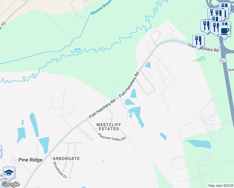 map of restaurants, bars, coffee shops, grocery stores, and more near 2592 Fish Hatchery Road in West Columbia