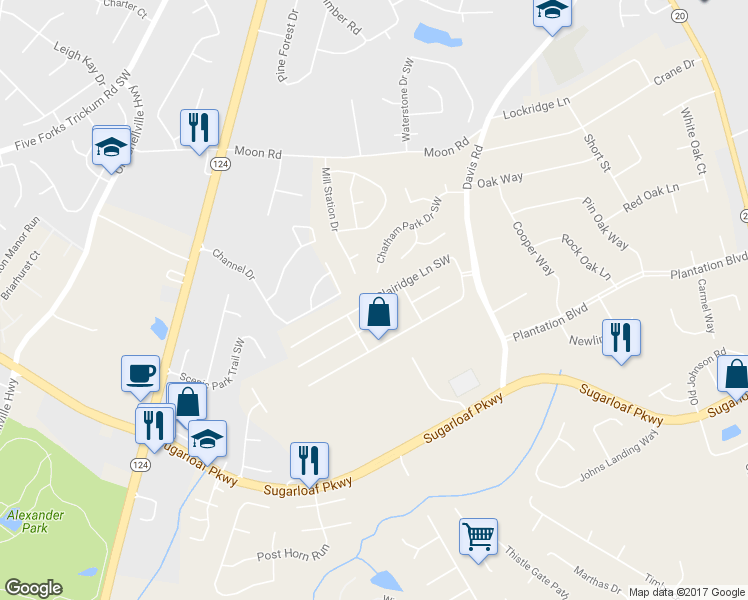 map of restaurants, bars, coffee shops, grocery stores, and more near Clairidge Lane Southwest in Lawrenceville