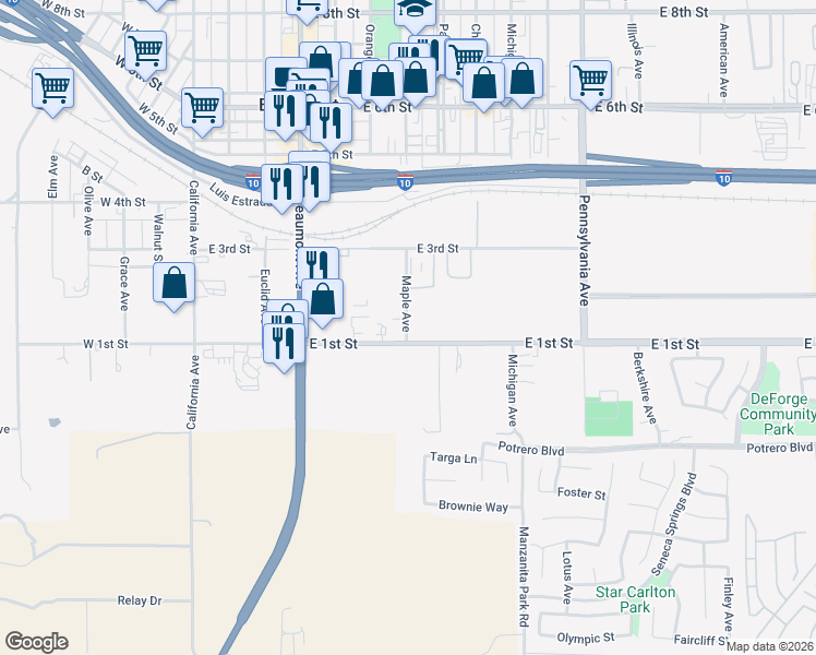 map of restaurants, bars, coffee shops, grocery stores, and more near 710 East 1st Street in Beaumont