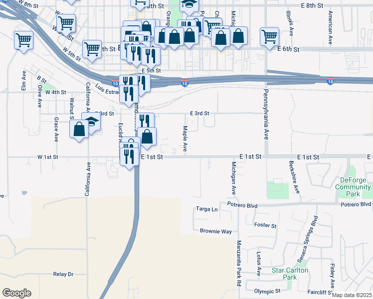 map of restaurants, bars, coffee shops, grocery stores, and more near 710 East 1st Street in Beaumont