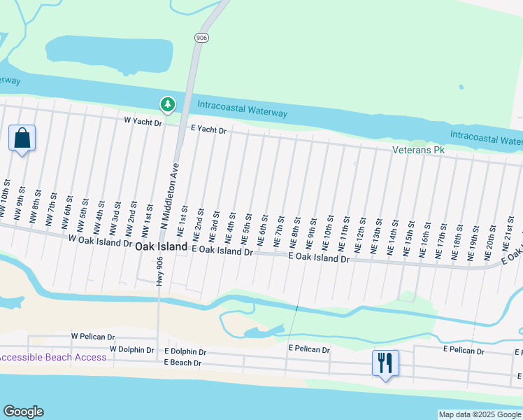 map of restaurants, bars, coffee shops, grocery stores, and more near 123 Northeast 6th Street in Oak Island