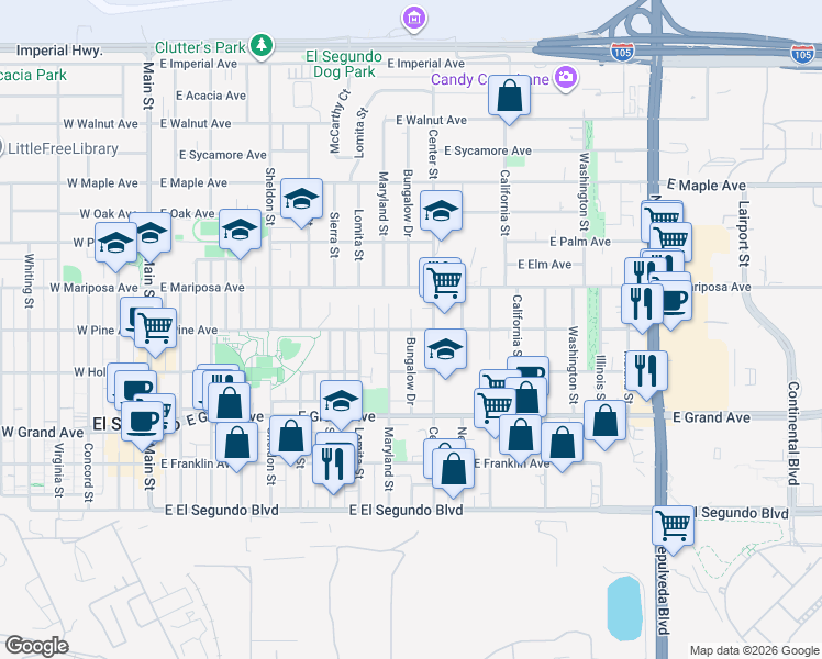 map of restaurants, bars, coffee shops, grocery stores, and more near 1000 East Pine Avenue in El Segundo
