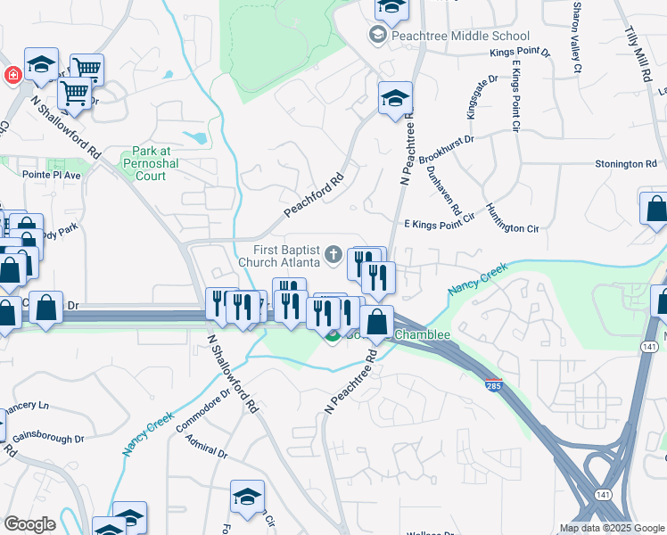 map of restaurants, bars, coffee shops, grocery stores, and more near 4400 North Peachtree Road in Atlanta