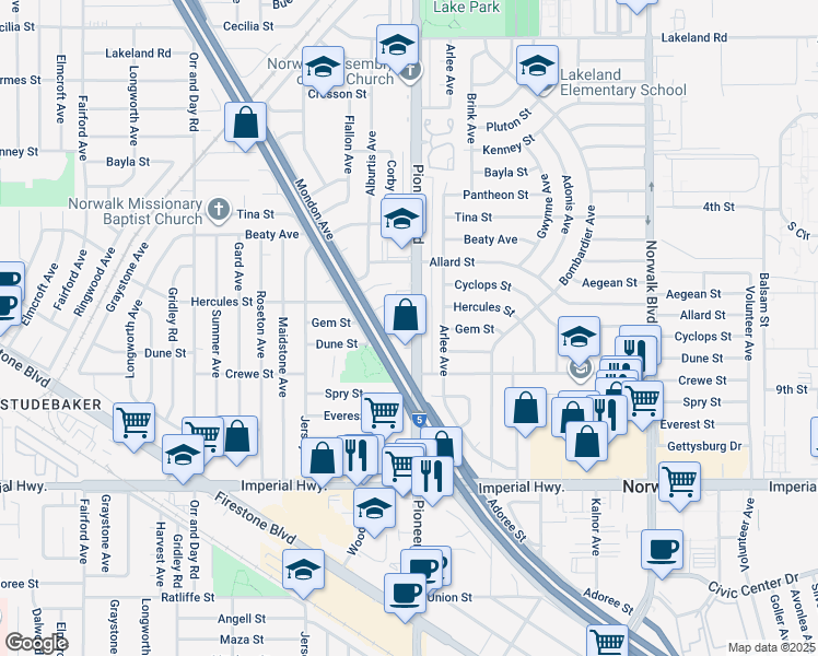 map of restaurants, bars, coffee shops, grocery stores, and more near 12009 Pioneer Boulevard in Norwalk