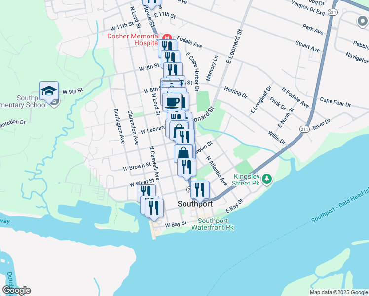 map of restaurants, bars, coffee shops, grocery stores, and more near 412 North Howe Street in Southport