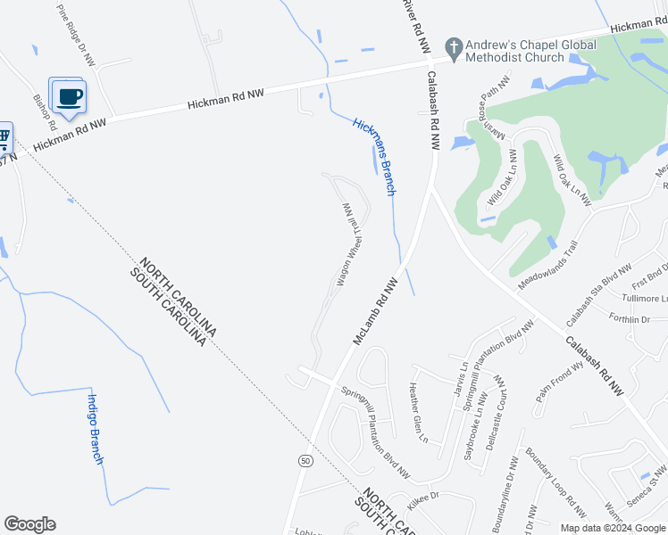 map of restaurants, bars, coffee shops, grocery stores, and more near 631 Wagon Wheel Trail Northwest in Calabash