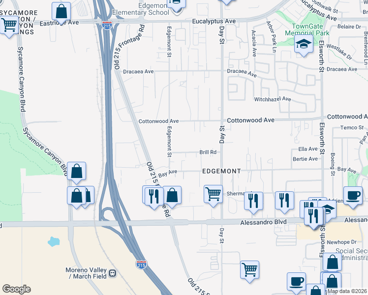 map of restaurants, bars, coffee shops, grocery stores, and more near 21824 Brill Road in Moreno Valley