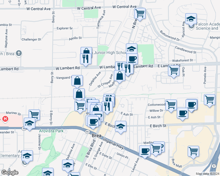 map of restaurants, bars, coffee shops, grocery stores, and more near 240 North Madrona Avenue in Brea